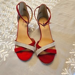 Torrid Red Wedge Open Toed Shoes with Glittery Band, Ankle Straps, Size 7 (Wide)